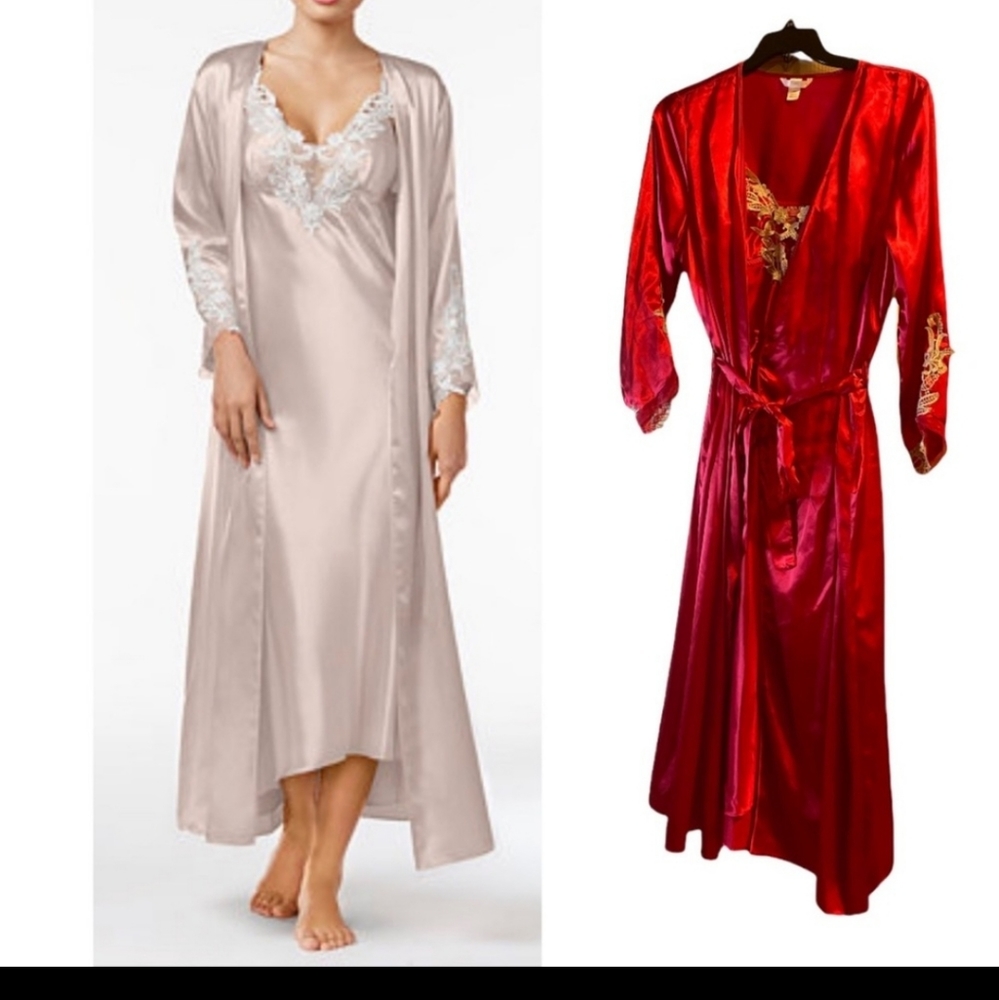 NWT Flora by Flora Nikrooz Stella Satin Red Long Night Gown & Robe Set